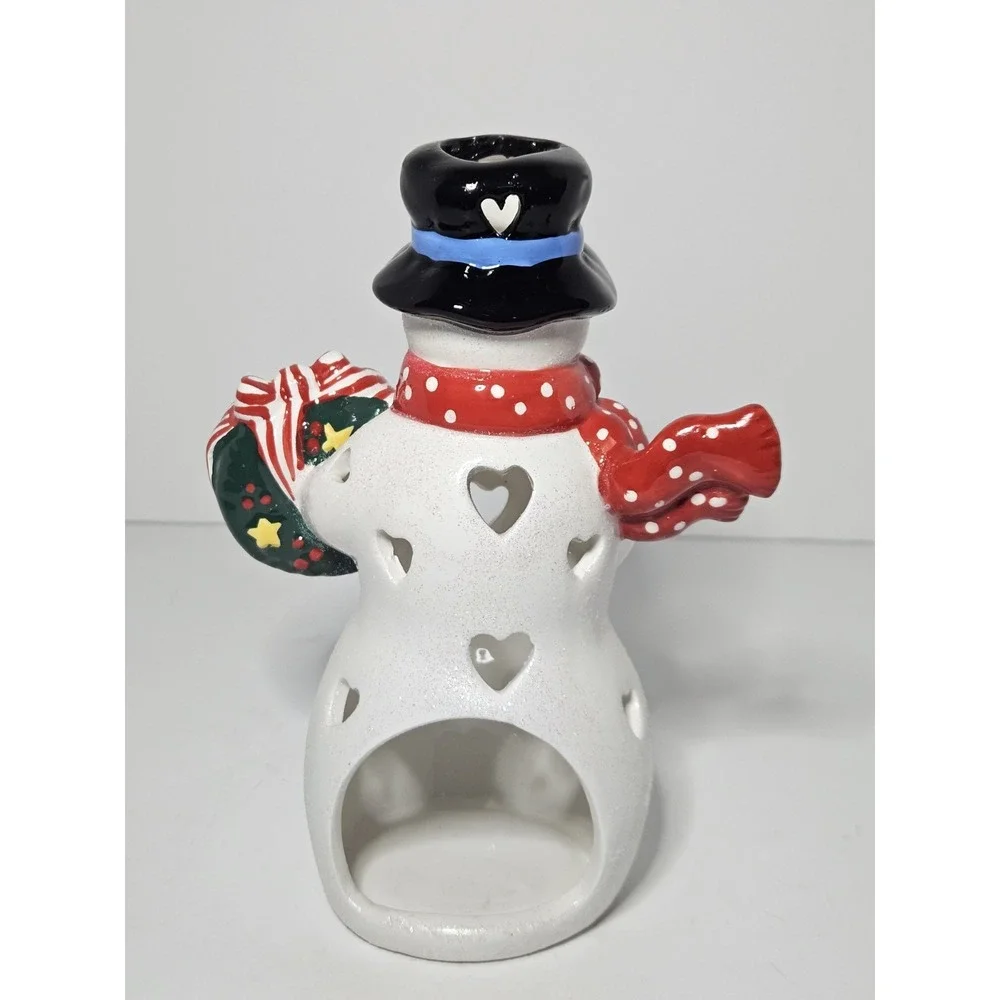 Hallmark Ceramic Snowman Tealight Candle Holder Heart Cutouts Christmas Vintage